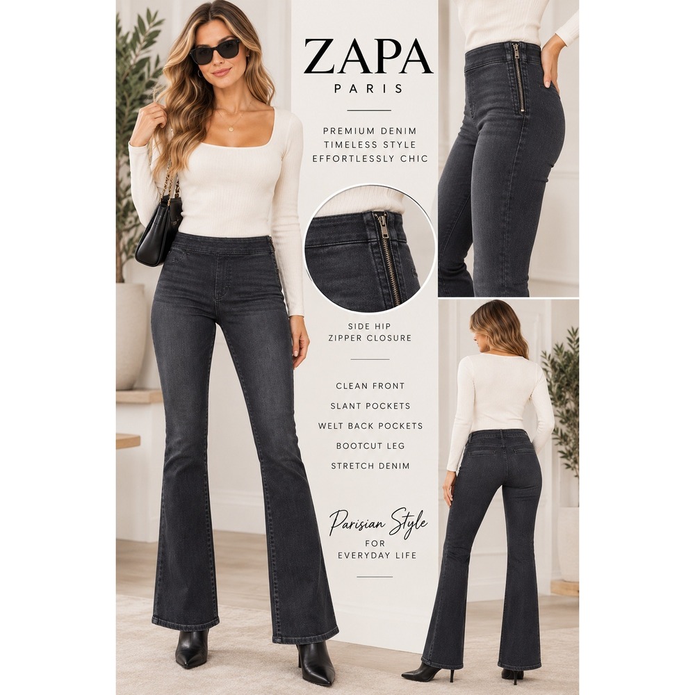 ZAPA Paris Women Faded Black Side Zip Bootcut Stretch Denim Jeans